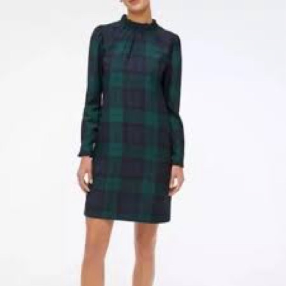 J.Crew Ruffleneck Shift Dress Black Watch Plaid - Picture 1 of 16